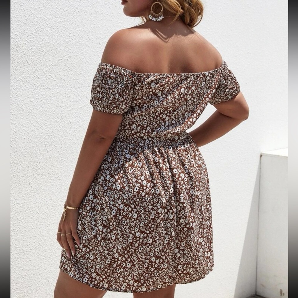 RESERVED|NWT| XL| SUNNY EARTHY NEUTRAL OFF SHOULDER DRESS| NEW - Picture 3 of 9